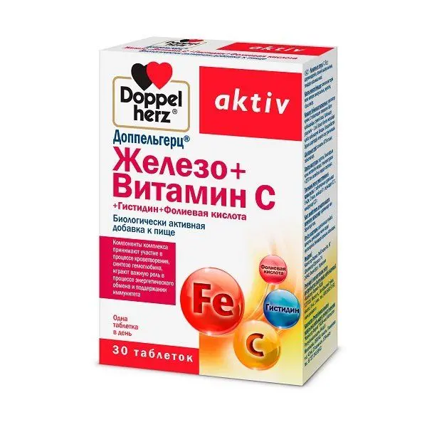 Доппельгерц актив железо+витамин с+гистидин+фолиевая кислота №30 таб по 675мг Доппельгерц актив железо+витамин с+гистидин+фолиевая кислота №30 таб по 675мг